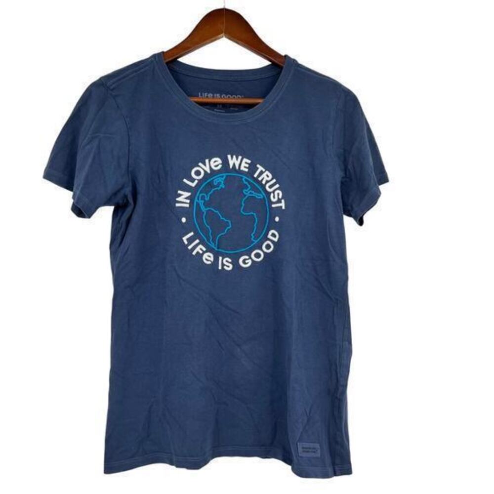 Life is Good In Love We Trust earth globe crusher t-shirt women's size medium